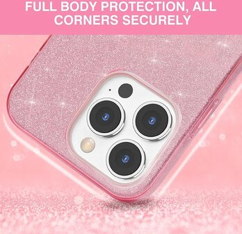 iPhone 14 Pro Max - Glitter Back Cover &amp;amp; Glas - Roze