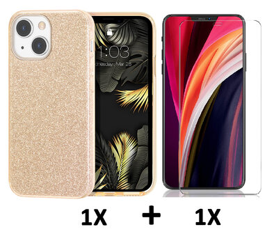 iPhone 14 Plus - Glitter Back Cover &amp;amp; Glas - Goud