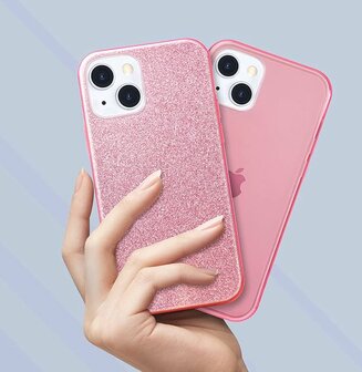 iPhone 14 Plus - Glitter Back Cover &amp;amp; Glas - Roze
