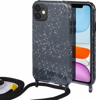 iPhone 12 Mini Zwart - Glitter Back Cover met Koord
