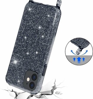 iPhone 12 Mini Zwart - Glitter Back Cover met Koord
