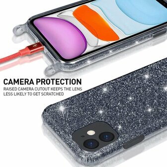 iPhone 12 Mini Zwart - Glitter Back Cover met Koord