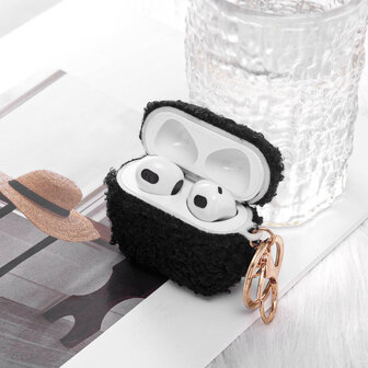 AirPods 3 - Zwart - Schokbestendig Teddy Furr Cover met Ring &amp;amp; Sleutelhanger