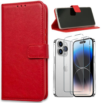 iPhone 15 - Book Case &amp;amp; 2X Glas - Rood
