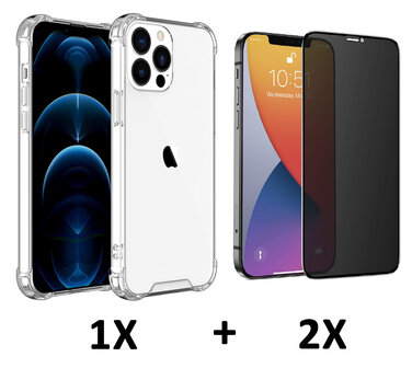 iPhone 15 Pro Max - Anti Shock &amp;amp; 2x Privacy Glas - Transparant