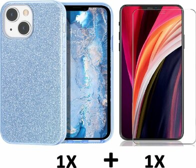 iPhone 13 Mini - Glitter Back Cover &amp;amp; Glas - Blauw