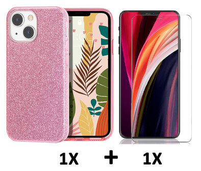 iPhone 14 - Glitter Back Cover &amp;amp; Glas - Roze