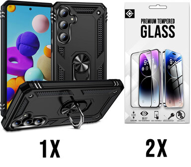 Samsung A55 - Zwart - 2X Glas - Armor met Kickstand Ring