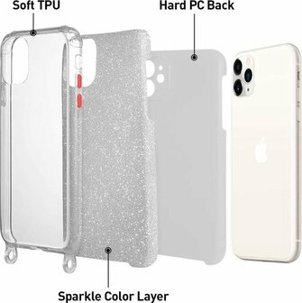 iPhone 12 Pro Max Zilver - Glitter Back Cover met Koord