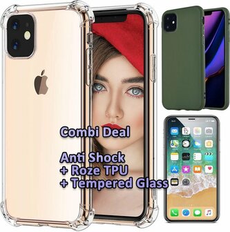 iPhone 11 - Combi Deal - Anti Shock Transparant - Back Cover Groen &amp;amp; Glas