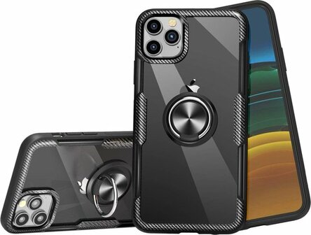 iPhone 11 Pro - Carbon Armor Back Cover met Ring - Zwart