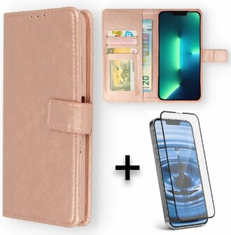 iPhone 13 Pro Max - Book Case &amp;amp; Full Glas - Rosegoud