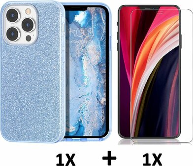 iPhone 13 Pro Max - Glitter Back Cover &amp;amp; Glas - Blauw