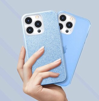 iPhone 13 Pro Max - Glitter Back Cover &amp;amp; Glas - Blauw