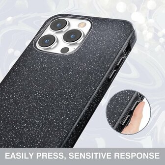 iPhone 14 Pro - Glitter Back Cover &amp;amp; Glas - Zwart