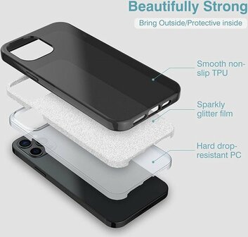 iPhone 14 Pro - Glitter Back Cover &amp;amp; Glas - Zwart