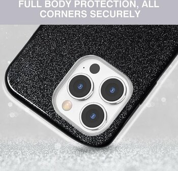 iPhone 14 Pro - Glitter Back Cover &amp;amp; Glas - Zwart