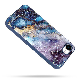 iPhone 16E - Marmer Diamant Glitter &amp;amp; 2x Glas - Blauw