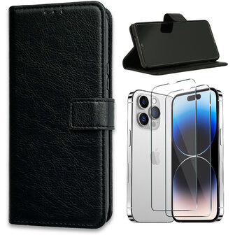 iPhone 15 Pro - Book Case &amp;amp; 2x Glas - Zwart