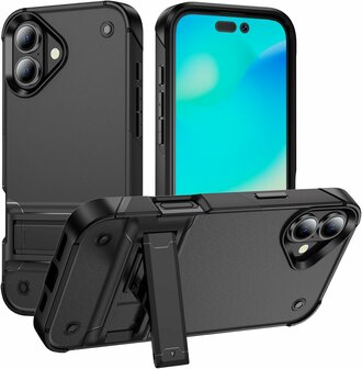 iPhone 16 - Kickstand Armor Back Cover - Zwart
