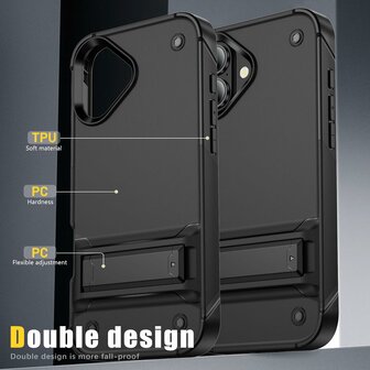 iPhone 16 - Kickstand Armor Back Cover - Zwart