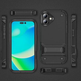 iPhone 16 - Kickstand Armor Back Cover - Zwart