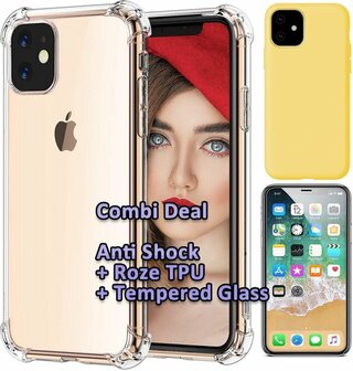 iPhone 11 - Combi Deal - Anti Shock Transparant - Back Cover Geel &amp;amp; Glas