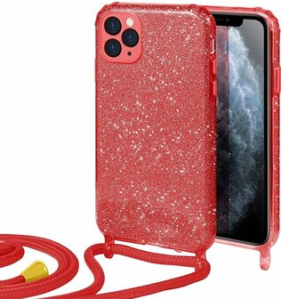 iPhone 12 Pro Max Rood - Glitter Back Cover met Koord