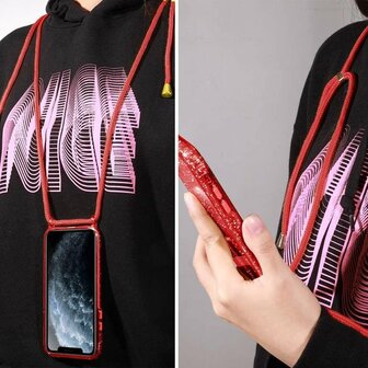 iPhone 12 Pro Max Rood - Glitter Back Cover met Koord