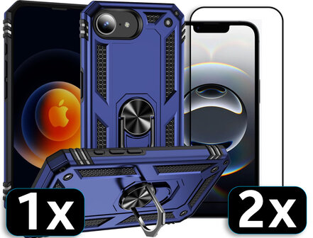 iPhone 16e - Blauw - Kickstand Amor Back Cover &amp;amp; 2x Glas