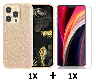 iPhone 14 Pro Max - Glitter Back Cover &amp;amp; Glas - Goud