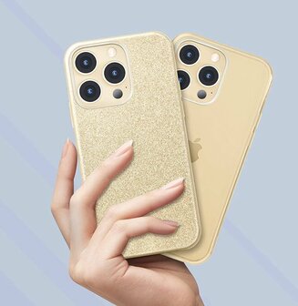 iPhone 14 Pro Max - Glitter Back Cover &amp;amp; Glas - Goud