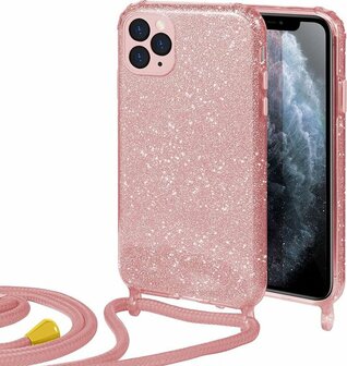 iPhone 12 Pro Max Roze - Glitter Back Cover met Koord