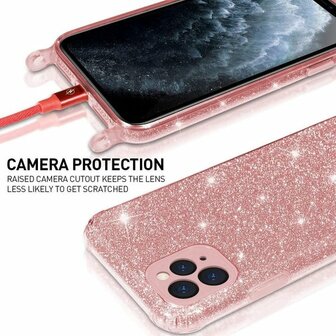iPhone 12 Pro Max Roze - Glitter Back Cover met Koord