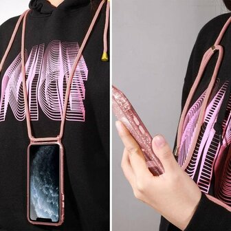 iPhone 12 Pro Max Roze - Glitter Back Cover met Koord