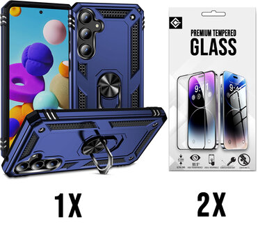 Samsung A55 - Blauw - 2X Glas - Armor met Kickstand Ring