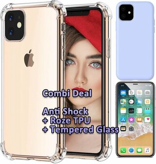iPhone 11 - Combi Deal - Anti Shock Transparant - Back Cover Paars &amp;amp; Glas
