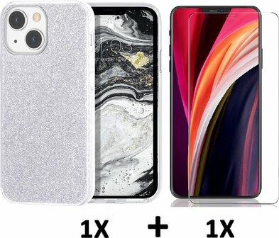 iPhone 13 Mini - Glitter Back Cover &amp;amp; Glas - Zilver