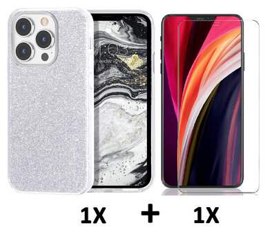 iPhone 14 Pro - Glitter Back Cover &amp;amp; Glas - Zilver