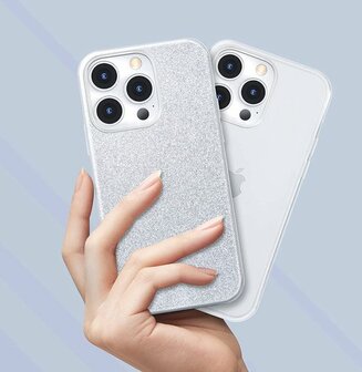 iPhone 14 Pro - Glitter Back Cover &amp;amp; Glas - Zilver