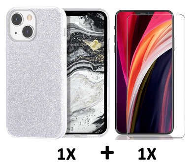 iPhone 14 - Glitter Back Cover &amp;amp; Glas - Zilver