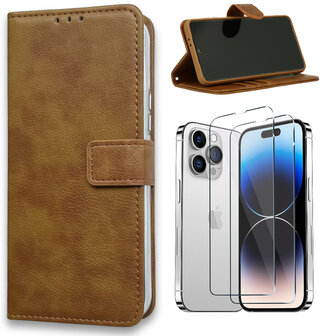 iPhone 15 - Book Case &amp;amp; 2x Glas - Bruin