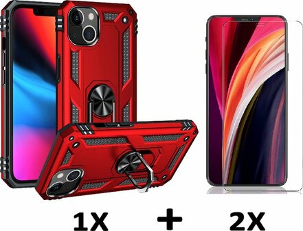iPhone 14 Plus Rood &amp;amp; 2X Glas - Armor met Kickstand Ring