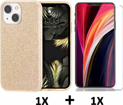 iPhone 13 Mini - Glitter Back Cover &amp;amp; Glas - Goud