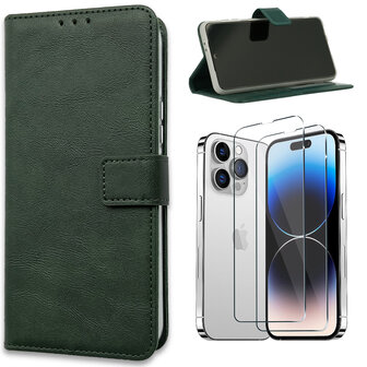 iPhone 15 Pro - Book Case &amp;amp; 2x Glas - Groen