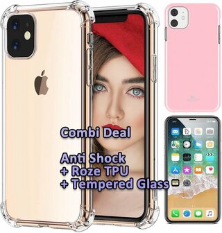 iPhone 11 - Combi Deal - Anti Shock Transparant - Back Cover Roze &amp;amp; Glas