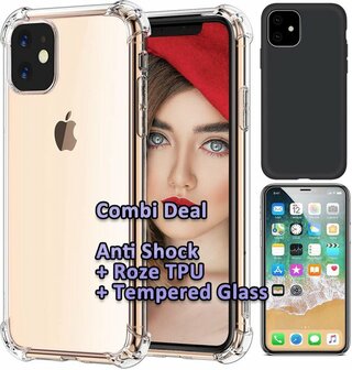 iPhone 11 - Combi Deal - Anti Shock Transparant - Back Cover Zwart &amp;amp; Glas