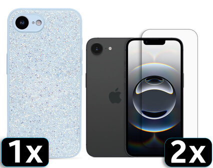 iPhone 16E - Diamant Glitter &amp;amp; 2x Glas - Blauw