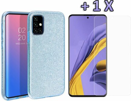 A51 - Glitter Back Cover &amp;amp; Glas - Blauw