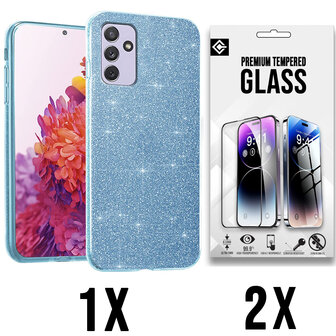 A55 - Blauw - 2X Glas - Glitter Back Cover